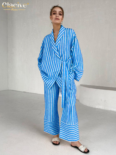 Dámsky ležérny set s vysokým pásom a širokými nohavicami Clacive v žltých pruhoch, módny dvojdielny set s dlhým rukávom