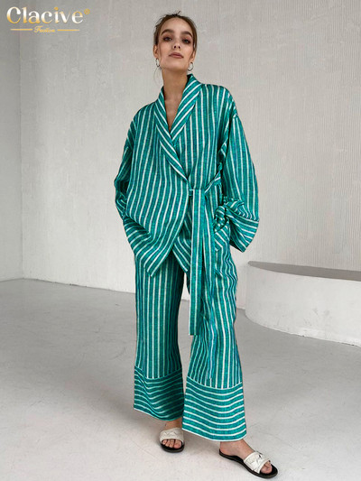 Dámsky ležérny set s vysokým pásom a širokými nohavicami Clacive v žltých pruhoch, módny dvojdielny set s dlhým rukávom
