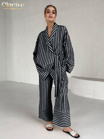 Dámsky ležérny set s vysokým pásom a širokými nohavicami Clacive v žltých pruhoch, módny dvojdielny set s dlhým rukávom