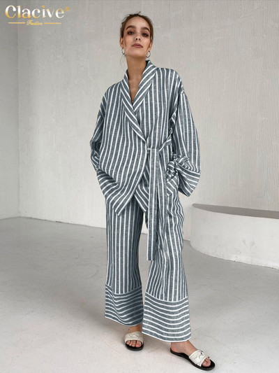 Dámsky ležérny set s vysokým pásom a širokými nohavicami Clacive v žltých pruhoch, módny dvojdielny set s dlhým rukávom