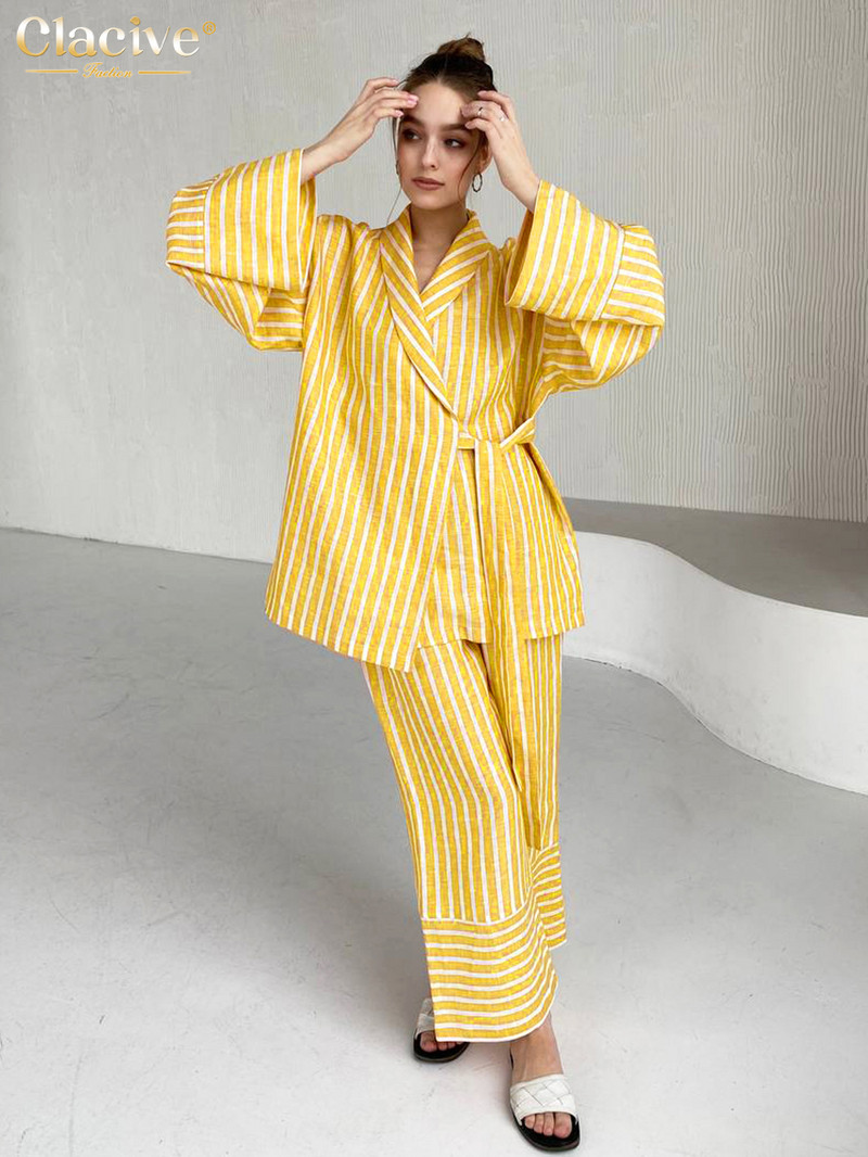 Dámsky ležérny set s vysokým pásom a širokými nohavicami Clacive v žltých pruhoch, módny dvojdielny set s dlhým rukávom