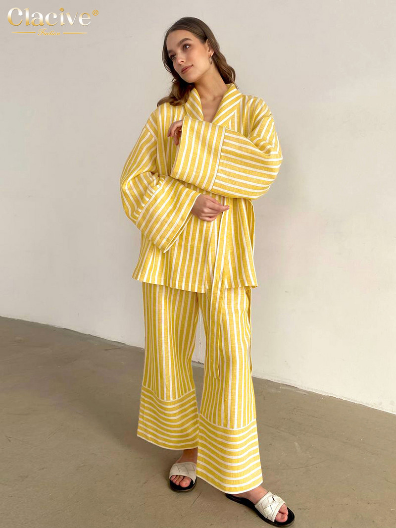 Dámsky ležérny set s vysokým pásom a širokými nohavicami Clacive v žltých pruhoch, módny dvojdielny set s dlhým rukávom
