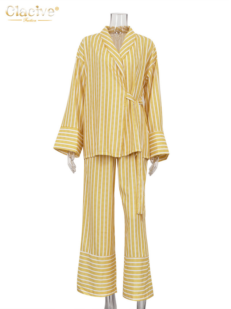 Dámsky ležérny set s vysokým pásom a širokými nohavicami Clacive v žltých pruhoch, módny dvojdielny set s dlhým rukávom