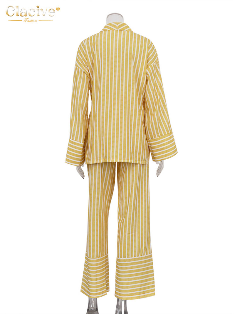 Dámsky ležérny set s vysokým pásom a širokými nohavicami Clacive v žltých pruhoch, módny dvojdielny set s dlhým rukávom