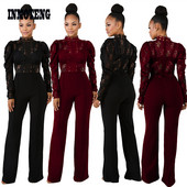 Dámske sexy dlhé rukávy, voľný overal s čipkou, elegantný stojatý golier, voľné kombinézy s čipkou a vínovo-bielymi nohavicami