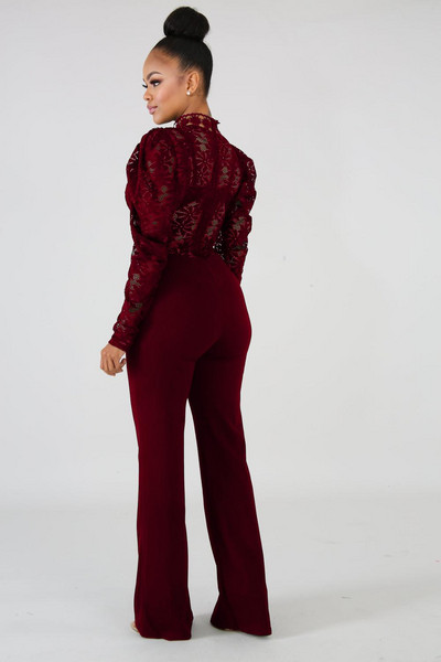 Dámske sexy dlhé rukávy, voľný overal s čipkou, elegantný stojatý golier, voľné kombinézy s čipkou a vínovo-bielymi nohavicami