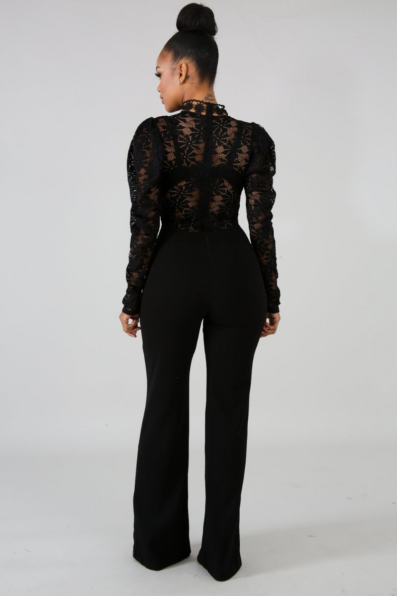 Dámske sexy dlhé rukávy, voľný overal s čipkou, elegantný stojatý golier, voľné kombinézy s čipkou a vínovo-bielymi nohavicami