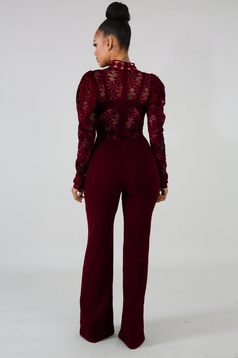 Dámske sexy dlhé rukávy, voľný overal s čipkou, elegantný stojatý golier, voľné kombinézy s čipkou a vínovo-bielymi nohavicami
