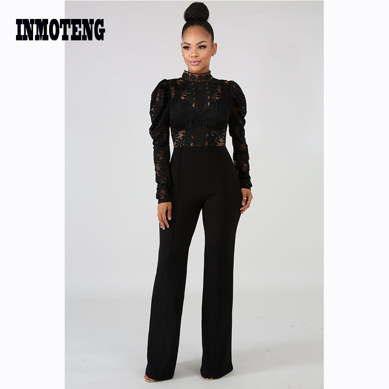 Dámske sexy dlhé rukávy, voľný overal s čipkou, elegantný stojatý golier, voľné kombinézy s čipkou a vínovo-bielymi nohavicami