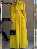 Dámske 2-dielne súpravy s dlhým rukávom a širokými nohavicami, voľné ležérne nohavice, dámsky žltý oblek, 2-dielne súpravy