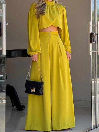 Dámske 2-dielne súpravy s dlhým rukávom a širokými nohavicami, voľné ležérne nohavice, dámsky žltý oblek, 2-dielne súpravy