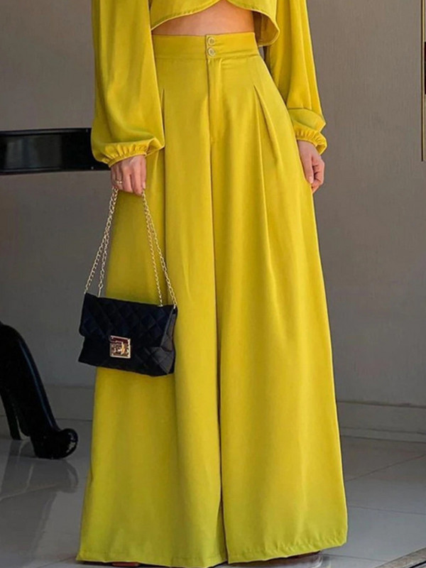 Dámske 2-dielne súpravy s dlhým rukávom a širokými nohavicami, voľné ležérne nohavice, dámsky žltý oblek, 2-dielne súpravy