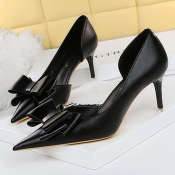 BIGTREE Обувки Pu Leather Kitten Heels Bowknot Stiletto Heels 7.5 Cm Дамски помпи Модни обувки на висок ток Секси сватбени обувки