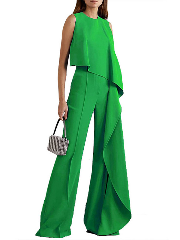 Seturi de pantaloni casual tip tub drept pentru femei, fără mâneci, cu talie înaltă, pantaloni largi, costume de vară, ținute temperamentale pentru navetă