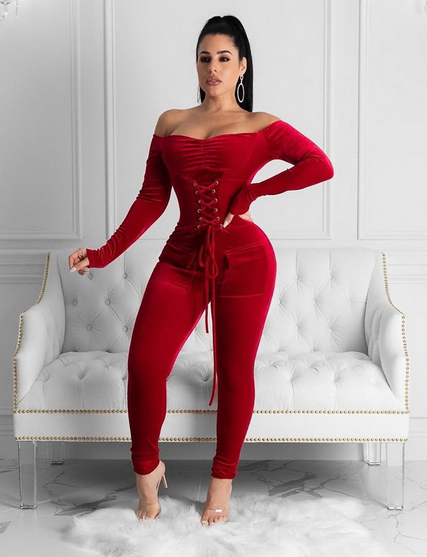 OKAYOASIS Sexy dámsky overal s dlhým rukávom a lomeným výstrihom, zamatový párty overal s šnurovaním, úzky klubový overal