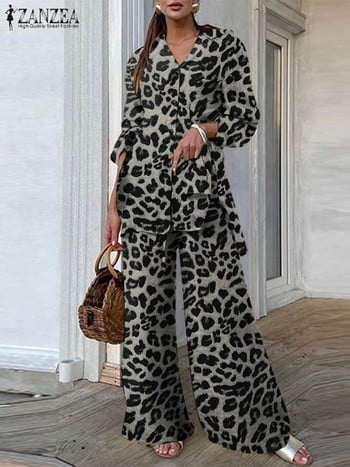 Μόδα Γυναικεία Σετ παντελονιών Leopard Print ZANZEA Casual Loose τοπ και παντελόνια 2023 Φθινόπωρο παντελόνι με φαρδύ πόδι Leisure Σετ δύο τεμαχίων