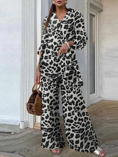 Madingi moteriški kelnių rinkiniai leopardo raštais ZANZEA laisvalaikio laisvi viršutiniai ir kelnių komplektai 2023 m. rudens plačiomis kojomis laisvalaikio dviejų dalių rinkiniai