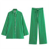 UNIZERA2023 Nová dámska súprava s pruhovaným golierom, dlhým rukávom a potlačou, rovnými nohavicami