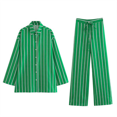 UNIZERA2023 Nová dámska súprava s pruhovaným golierom, dlhým rukávom a potlačou, rovnými nohavicami