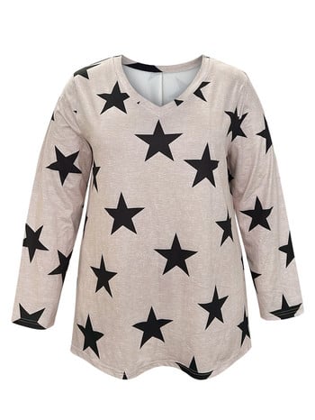 Φθινόπωρο, Winter Plus Size Casual T-shirt, Γυναικείο Plus Star Print Μακρυμάνικο V λαιμόκοψη ελαφρώς Stretch T-shirt