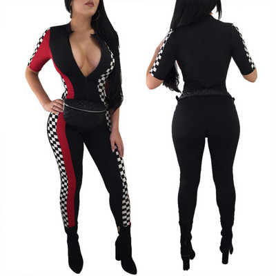 Dámsky elegantný ležérny overal s kockovanou potlačou a športovou potlačou