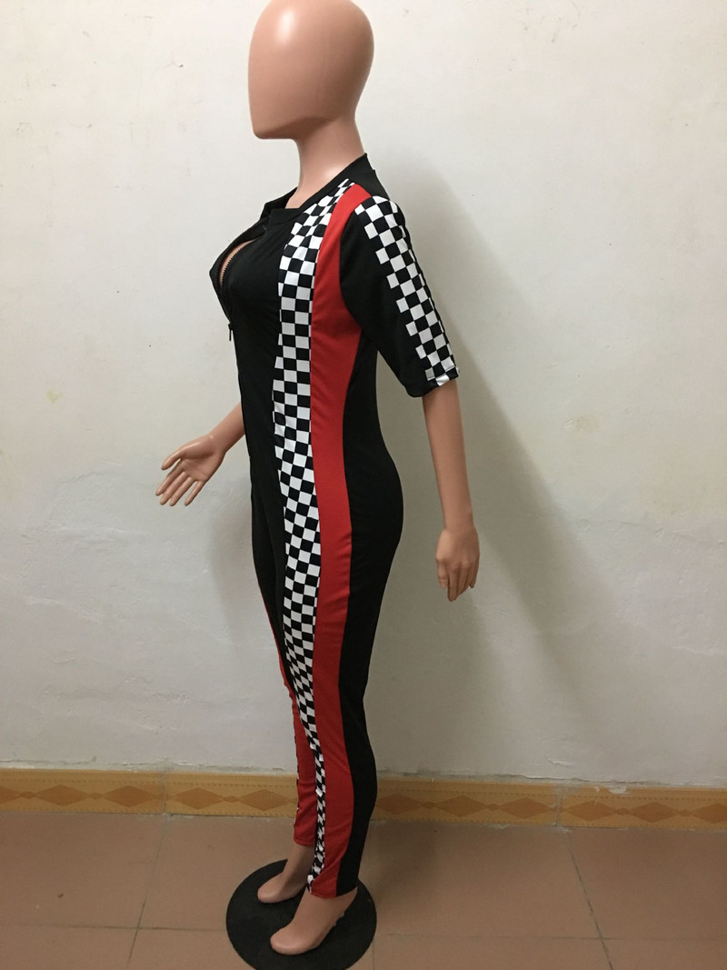 Dámsky elegantný ležérny overal s kockovanou potlačou a športovou potlačou