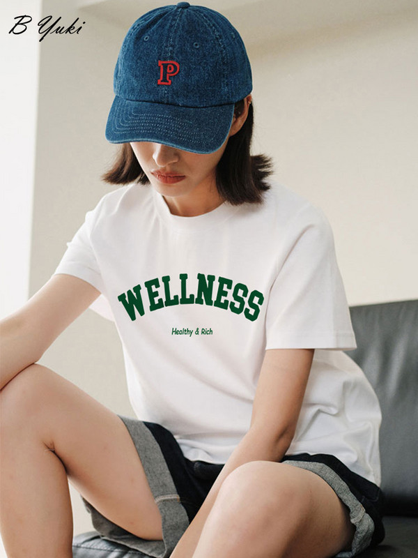 Blessyuki Trendy letné tričká s grafikou a písmenami pre ženy, letné kórejské tričká s krátkym rukávom a výstrihom do V, dámske plus veľkosti, 100% bavlna, základné topy