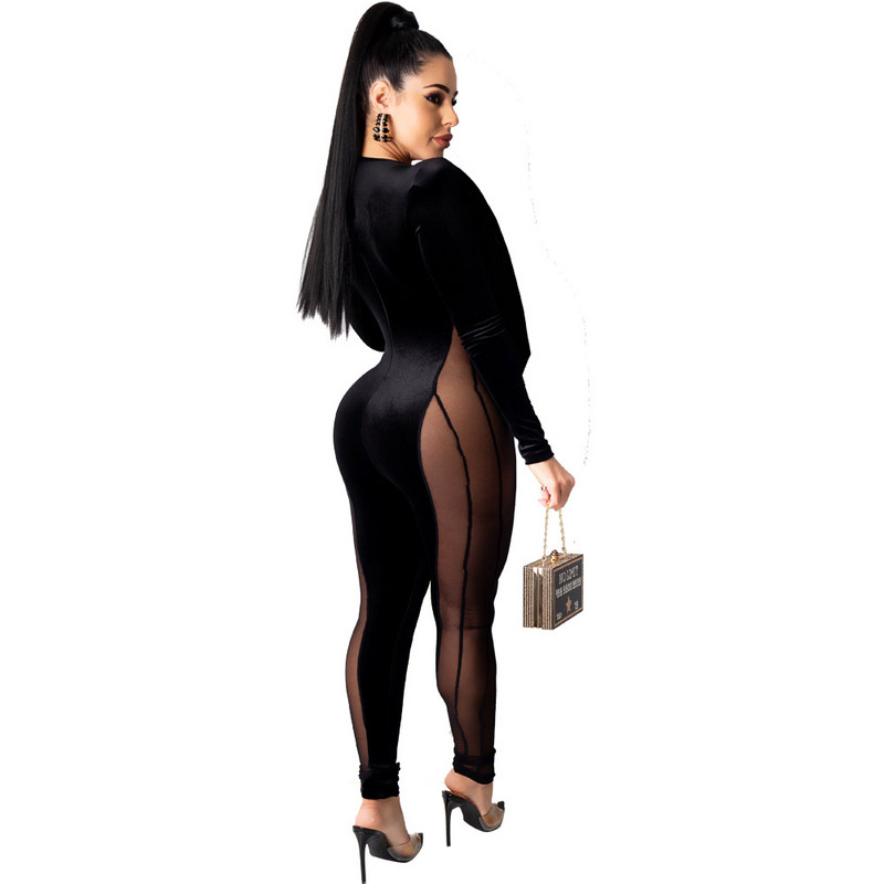Sexy čierne priehľadné sieťované patchworkové zamatové overaly s dlhým rukávom a výstrihom do V, priliehavé klubové párty overaly