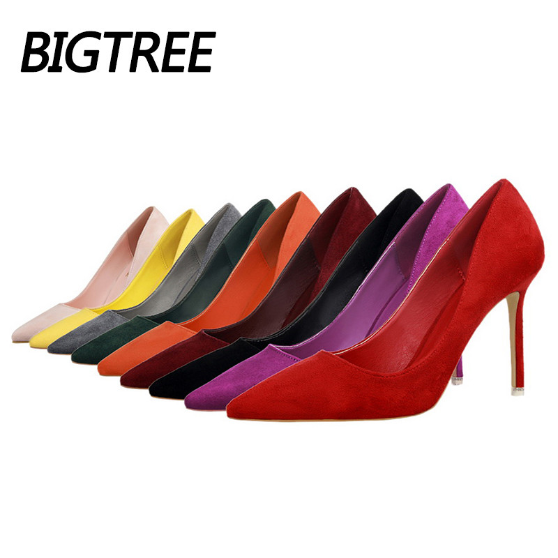 Dámske topánky BIGTREE, klasické dámske topánky, základné podpätky, flockové, plytké svadobné topánky, sexy ihličkové topánky, plus veľkosť 41, 42, 43