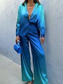 Dámske nohavice s batikovaným vzorom, ležérne, voľné, saténové, blúzka a nohavice, oblek, dámske, s dlhým rukávom, košeľa s rovnými nohavicami