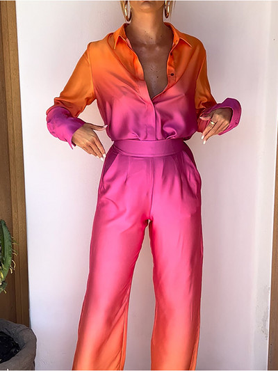 Dámske nohavice s batikovaným vzorom, ležérne, voľné, saténové, blúzka a nohavice, oblek, dámske, s dlhým rukávom, košeľa s rovnými nohavicami