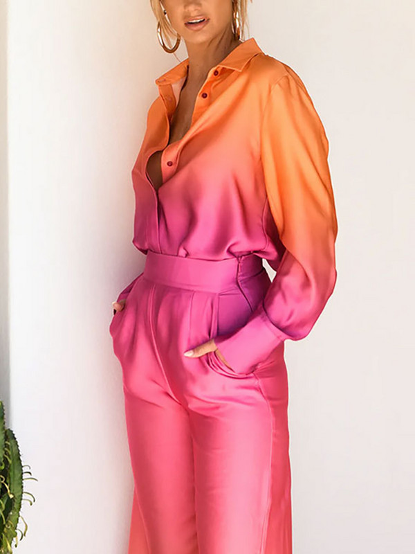 Dámske nohavice s batikovaným vzorom, ležérne, voľné, saténové, blúzka a nohavice, oblek, dámske, s dlhým rukávom, košeľa s rovnými nohavicami