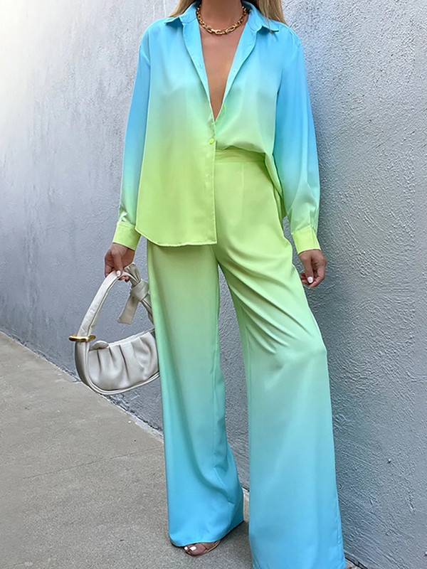 Dámske nohavice s batikovaným vzorom, ležérne, voľné, saténové, blúzka a nohavice, oblek, dámske, s dlhým rukávom, košeľa s rovnými nohavicami