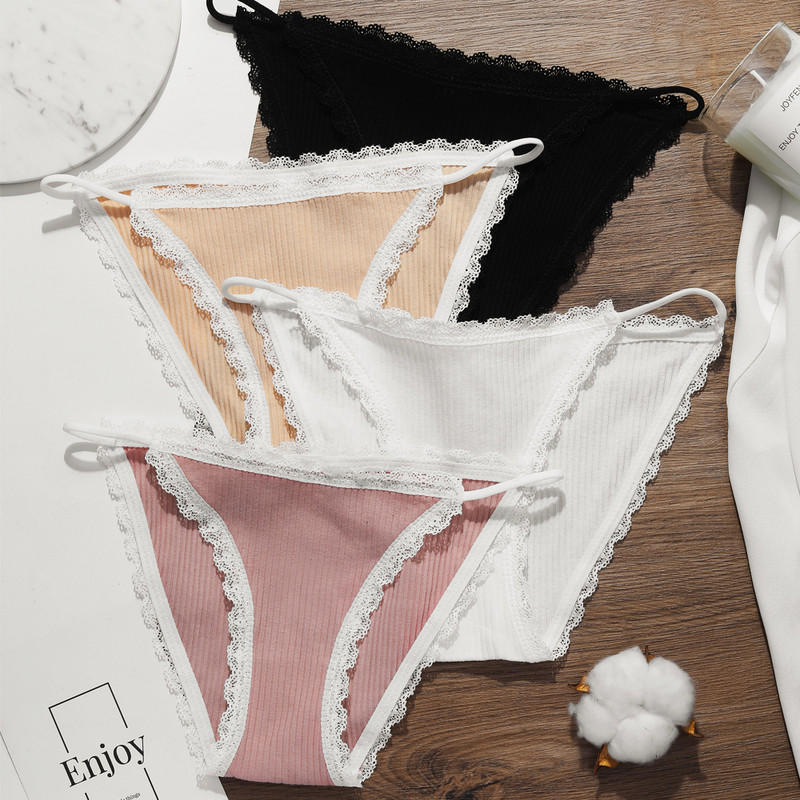 Dámske sexy bavlnené nohavičky s nízkym pásom a čipkou VKME, pohodlné, jednofarebné, bavlnené, dievčenské, mäkké, spodná bielizeň