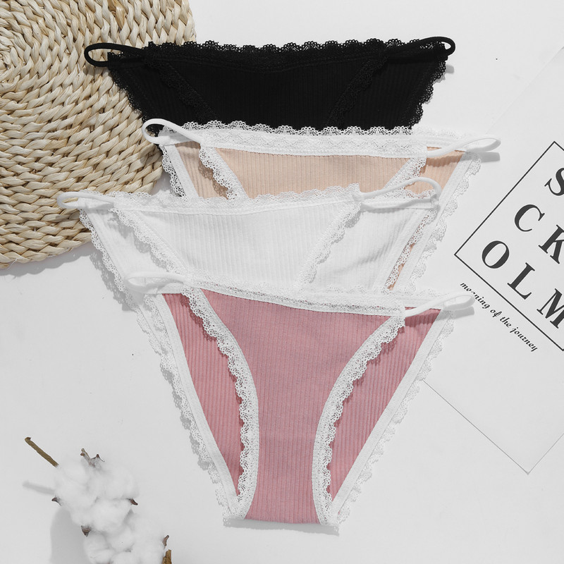 Dámske sexy bavlnené nohavičky s nízkym pásom a čipkou VKME, pohodlné, jednofarebné, bavlnené, dievčenské, mäkké, spodná bielizeň