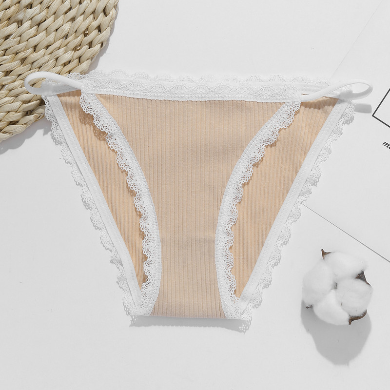 Dámske sexy bavlnené nohavičky s nízkym pásom a čipkou VKME, pohodlné, jednofarebné, bavlnené, dievčenské, mäkké, spodná bielizeň