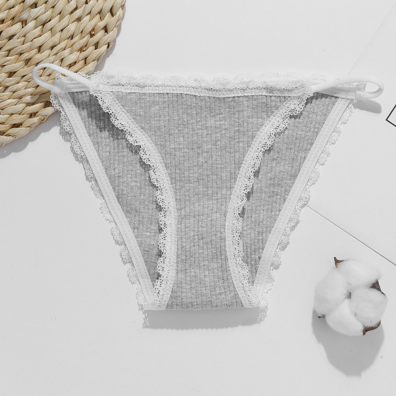 Dámske sexy bavlnené nohavičky s nízkym pásom a čipkou VKME, pohodlné, jednofarebné, bavlnené, dievčenské, mäkké, spodná bielizeň