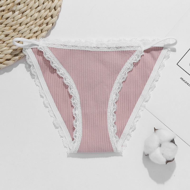 Dámske sexy bavlnené nohavičky s nízkym pásom a čipkou VKME, pohodlné, jednofarebné, bavlnené, dievčenské, mäkké, spodná bielizeň