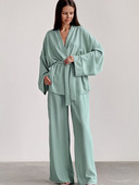 Dámsky elegantný set s dlhým rukávom a vysokým pásom, ležérny šnurovací šifónový dvojdielny set, dámsky oblek z roku 2022