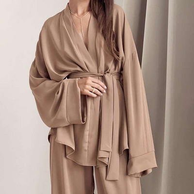 Dámsky elegantný set s dlhým rukávom a vysokým pásom, ležérny šnurovací šifónový dvojdielny set, dámsky oblek z roku 2022