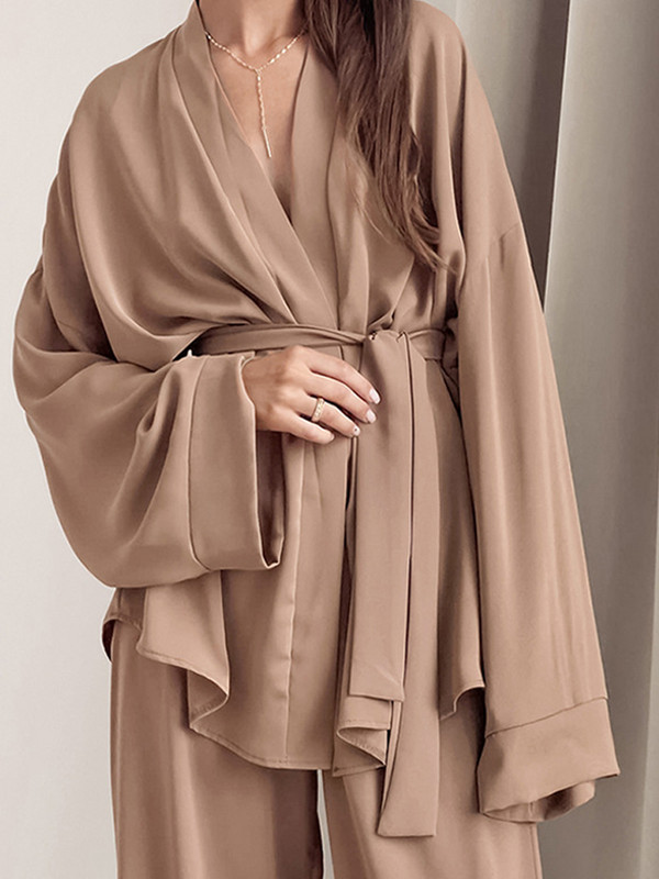 Dámsky elegantný set s dlhým rukávom a vysokým pásom, ležérny šnurovací šifónový dvojdielny set, dámsky oblek z roku 2022