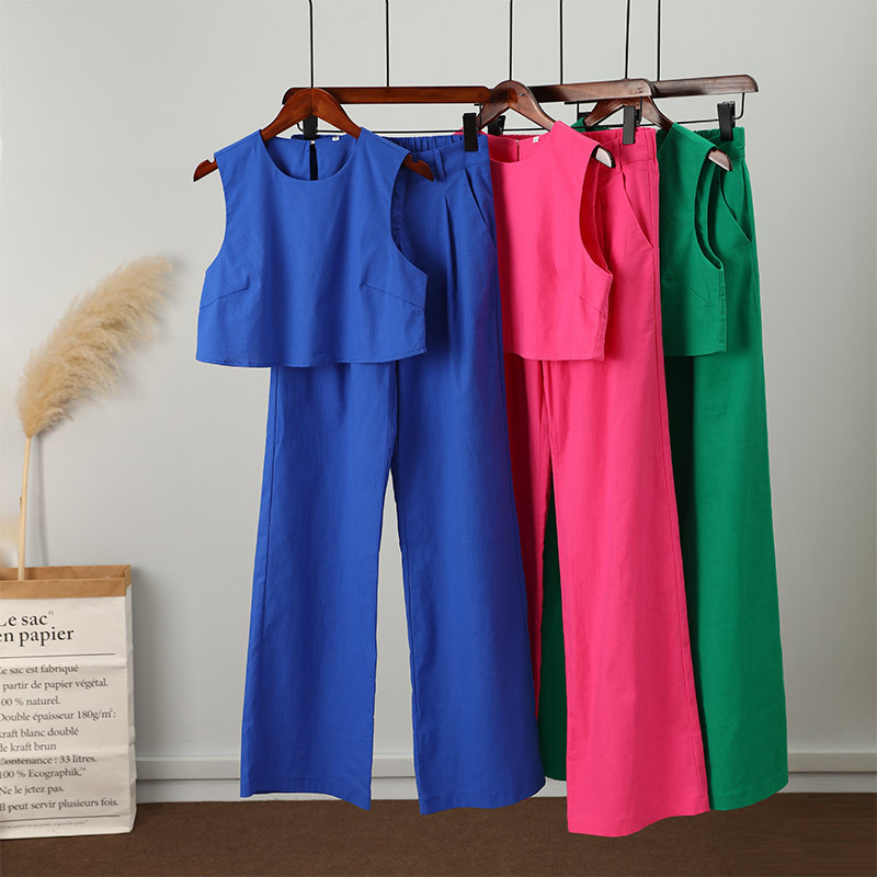 Ljetni ženski prsluk Hlače Dvodijelni komplet O-izrez Crop Tops Visokog struka Žensko odijelo za 2022. Nova kauzalna vintage ženska odjeća