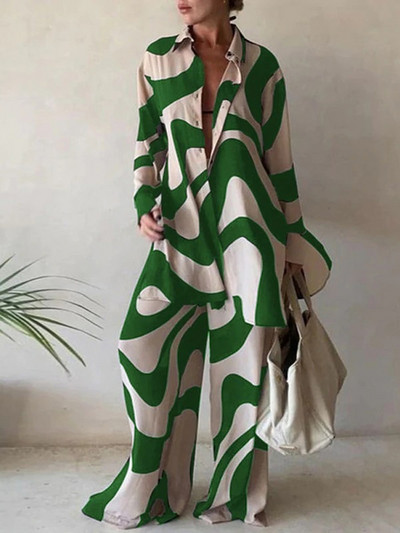 Dámsky ležérny oblek s potlačou, voľná košeľa s dlhým rukávom a rovné nohavice, dvojdielny oblek, nový elegantný kancelársky oblek z roku 2022