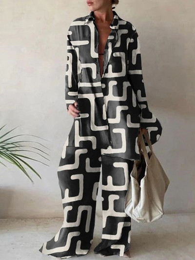 Dámsky ležérny oblek s potlačou, voľná košeľa s dlhým rukávom a rovné nohavice, dvojdielny oblek, nový elegantný kancelársky oblek z roku 2022