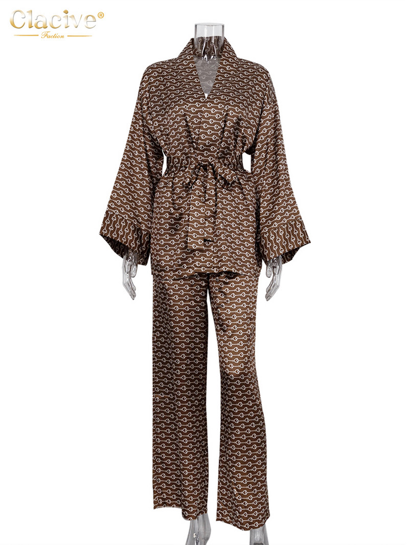 Clacive Casual Print Home Costumes Moda feminina Set pantaloni largi cu talie inalta Robe elegante cu siret cu maneca lunga Set doua piese femei