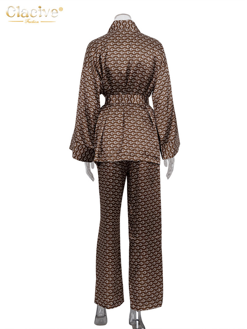 Clacive Casual Print Home Costumes Moda feminina Set pantaloni largi cu talie inalta Robe elegante cu siret cu maneca lunga Set doua piese femei