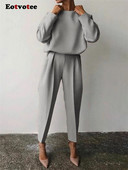 Eotvotee nohavice 2-dielna súprava pre ženy jar/leto 2023 jednofarebný pulóver s O výstrihom, dlhý rukáv, top s vysokým pásom, elegantná súprava nohavíc