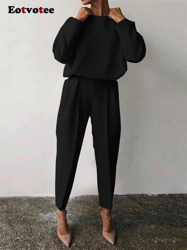 Eotvotee nohavice 2-dielna súprava pre ženy jar/leto 2023 jednofarebný pulóver s O výstrihom, dlhý rukáv, top s vysokým pásom, elegantná súprava nohavíc