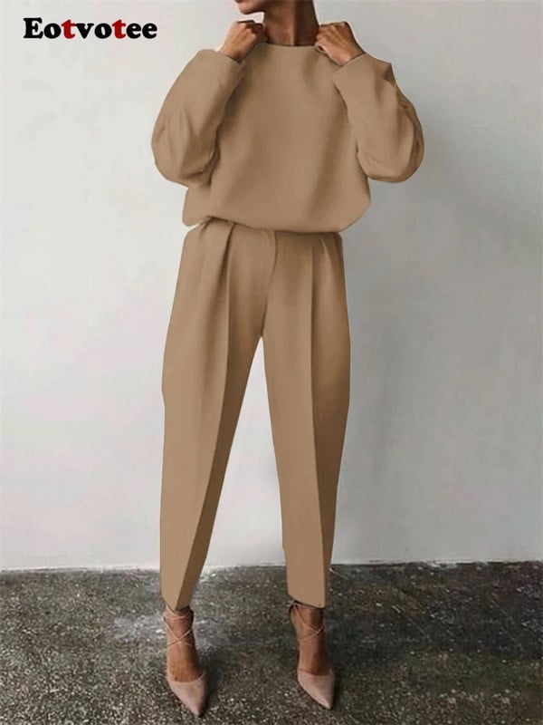 Eotvotee nohavice 2-dielna súprava pre ženy jar/leto 2023 jednofarebný pulóver s O výstrihom, dlhý rukáv, top s vysokým pásom, elegantná súprava nohavíc