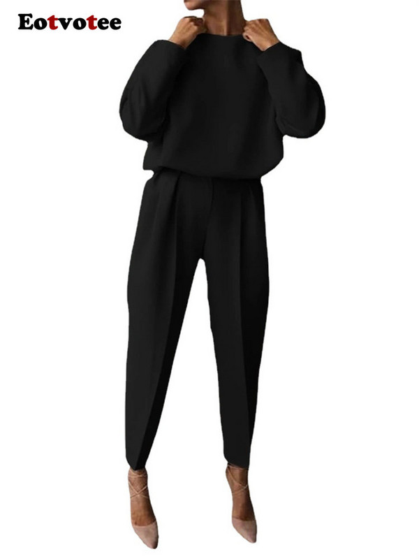 Eotvotee nohavice 2-dielna súprava pre ženy jar/leto 2023 jednofarebný pulóver s O výstrihom, dlhý rukáv, top s vysokým pásom, elegantná súprava nohavíc
